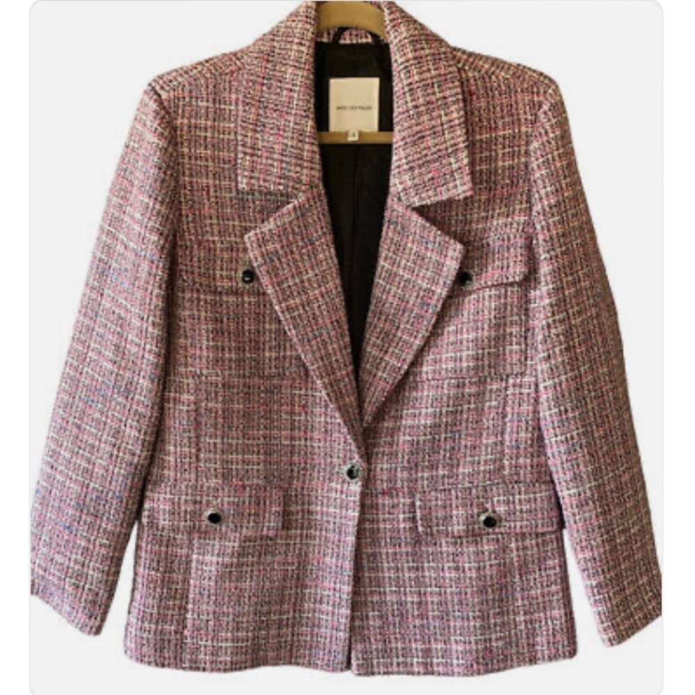 NWT Avec Les Filles Pink/White/Black Plaid Tweed Blazer SZ XL W 4 Pockets